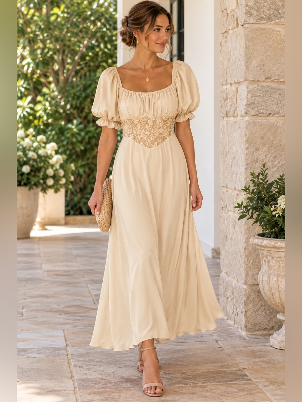 Here Comes The Sun Satin Lace Corset Maxi Dress Small Cream NWOT